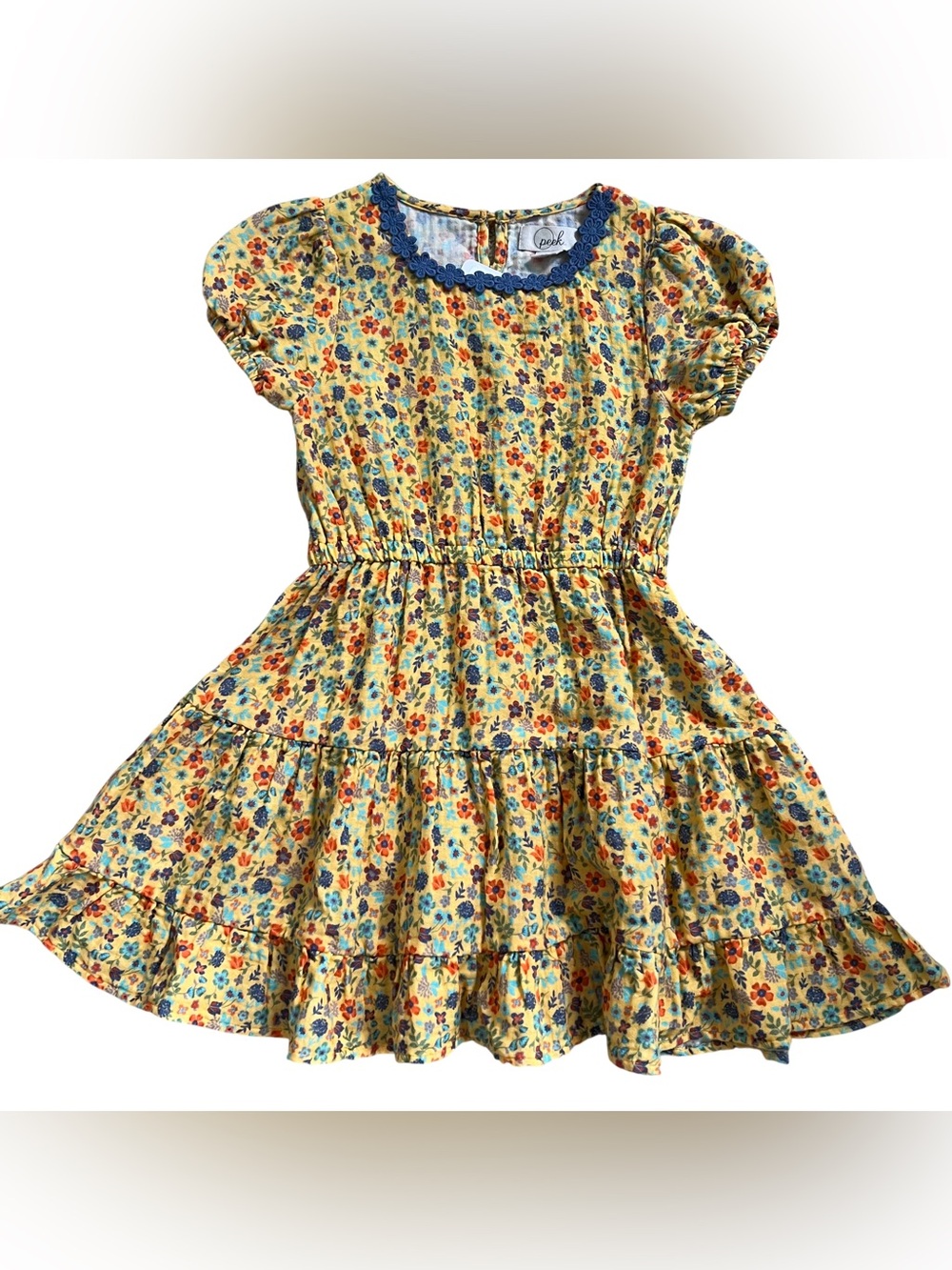 Peek Yellow Floral Tiered Dress with Blue Trim